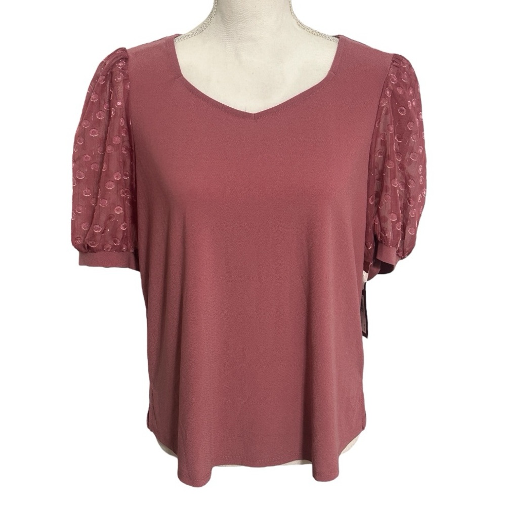Love Scarlett Berry Cream Pink Polka Dot Sheer Sleeves Blouse Top NWT